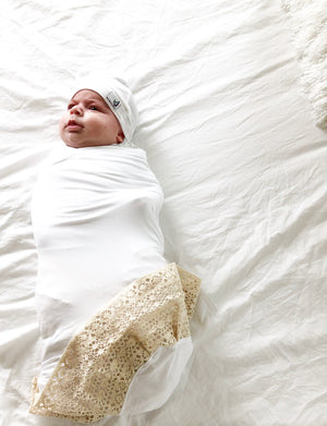 Bundle LUXE heirloom swaddle blanket, top knot hat, baby belly band for gas, colic relief