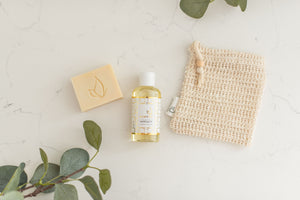 Olive oil soap, baby massage oil and sisal soap pouch.