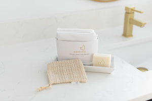 memeeno bundle of sisal bag pouch, olive oil soap and set of six washcloths