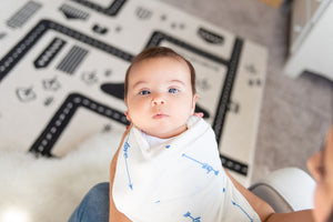 mom holding baby in love him swaddle