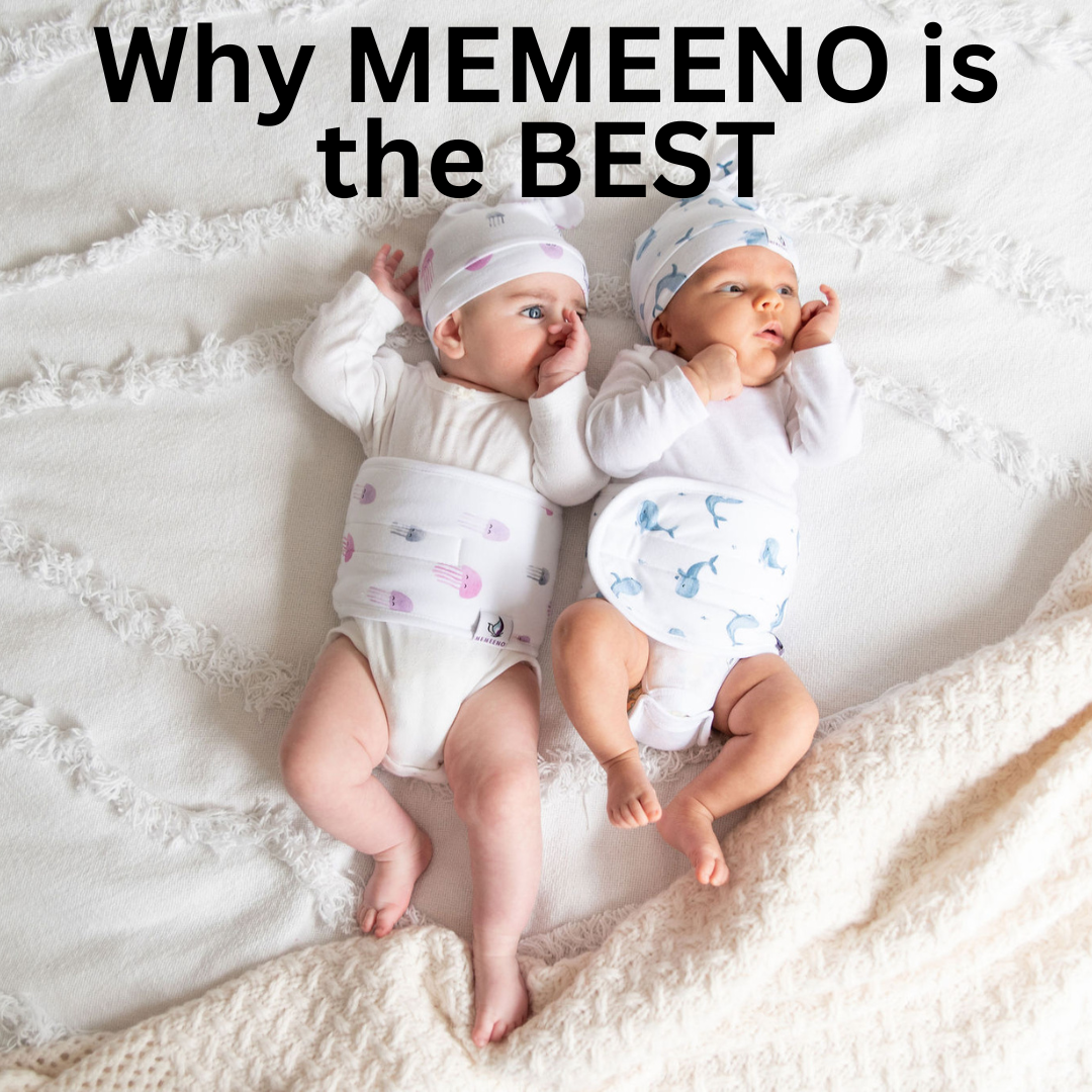Why MEMEENO bands are the best. Two babies wearing belly bands