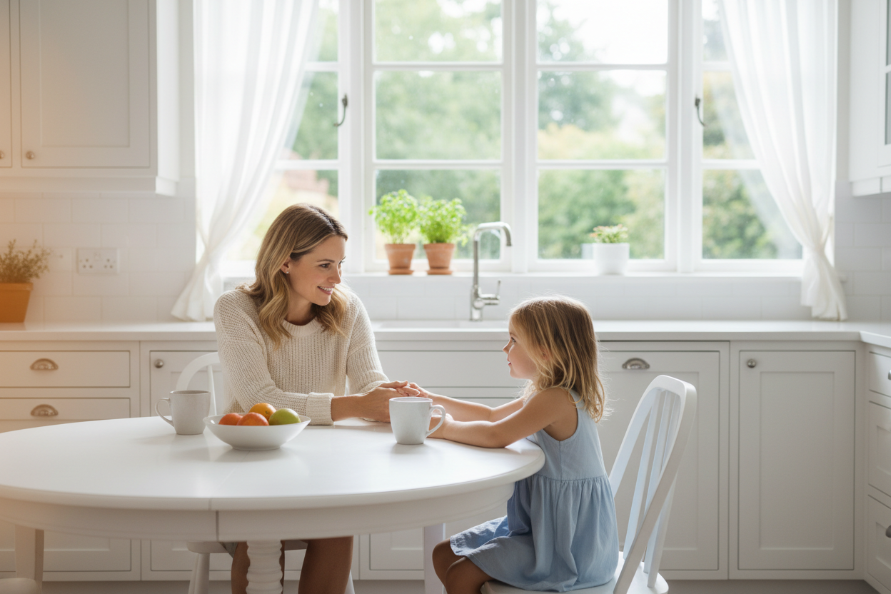 Mom talking with daughter at the table