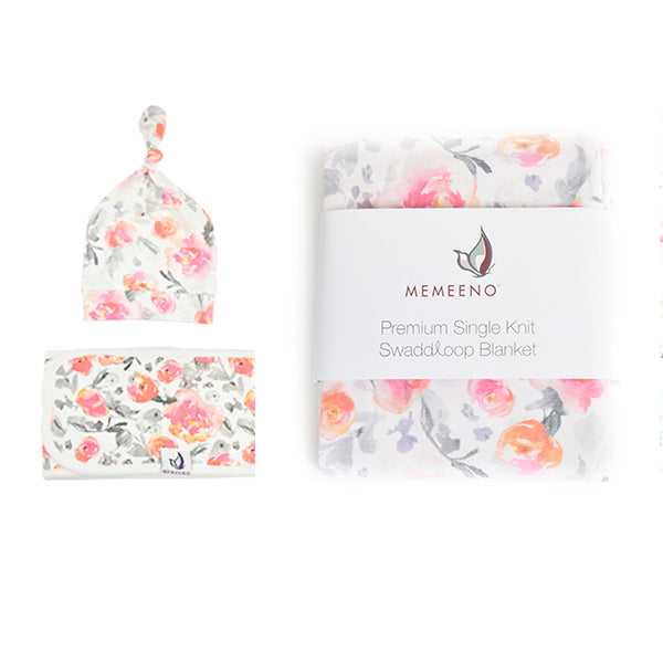 Floral bundle of swaddle, hat and belly band