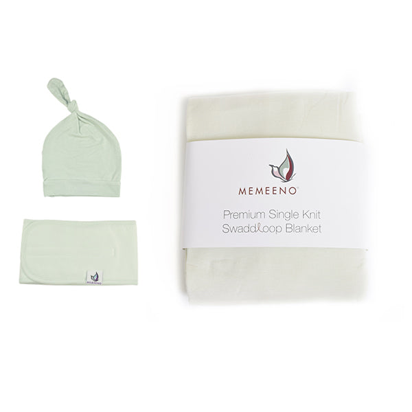 sage bundle of swaddle, top knot hat and belly band
