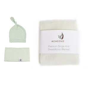 sage bundle of swaddle, top knot hat and belly band