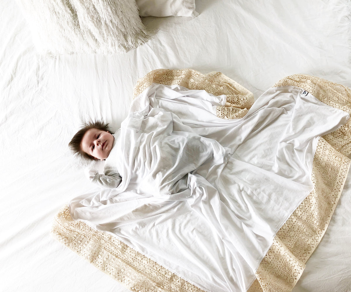 Heirloom swaddle blanket white with beige crochet lace handmade