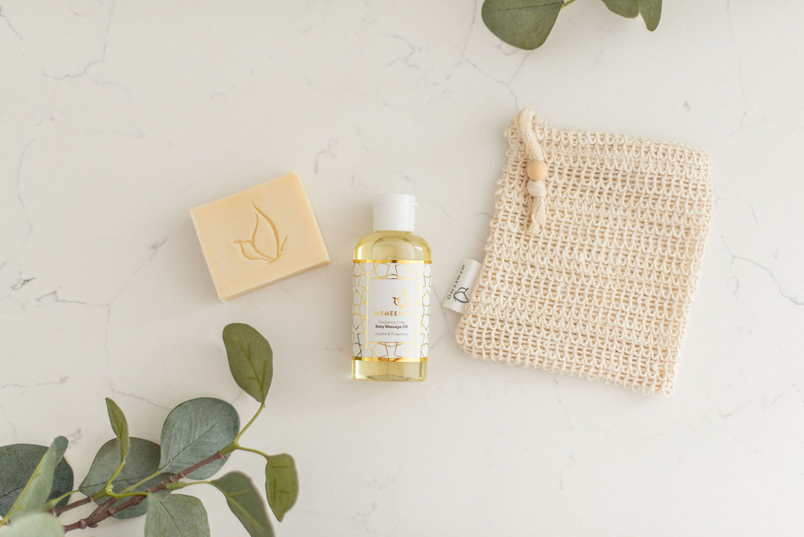 Olive oil soap, baby massage oil and sisal soap pouch.