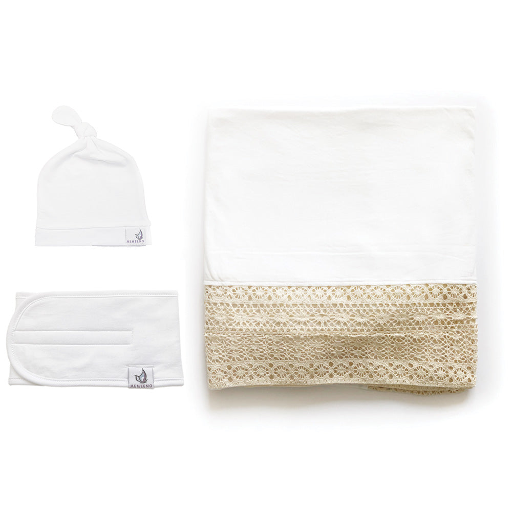 Bundle LUXE heirloom swaddle blanket, top knot hat, baby belly band for gas, colic relief