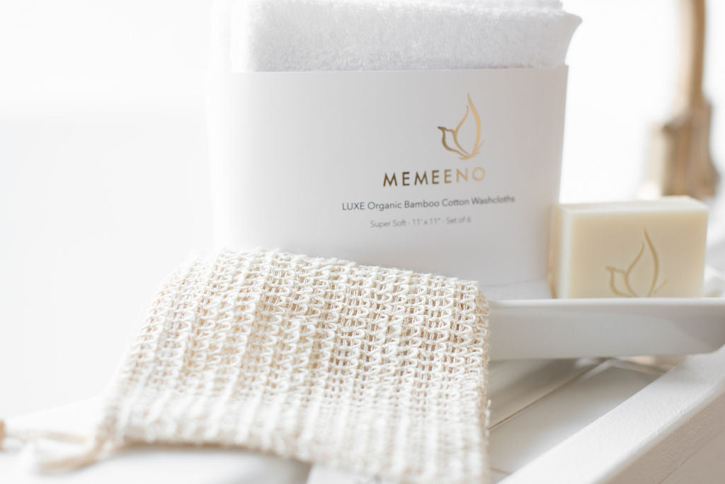memeeno bundle of sisal bag pouch, olive oil soap and set of six washcloths