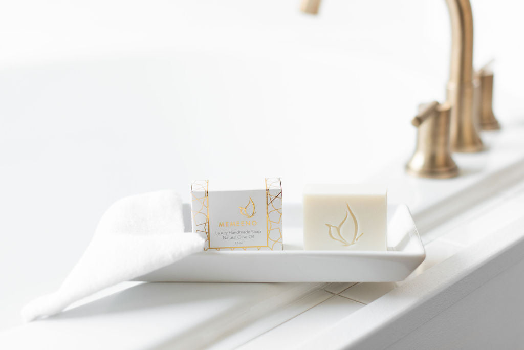 memeeno olive oil soap in a soap dish