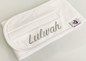 white memeeno belly band for infant gas colic with glitter silver name lulwah