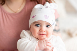 aurelia jellyfish top knot hat on baby and mom